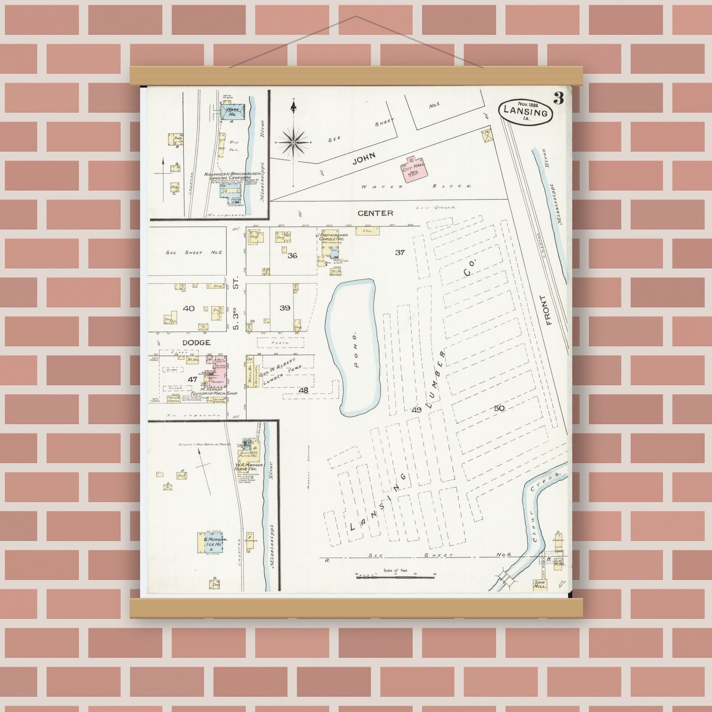 Old map wall art mockup — magnetic wood frame on brick wall — Sanborn Fire Insurance Map from Lansing, Allamakee County, Iowa (1886), Sheet #0003
