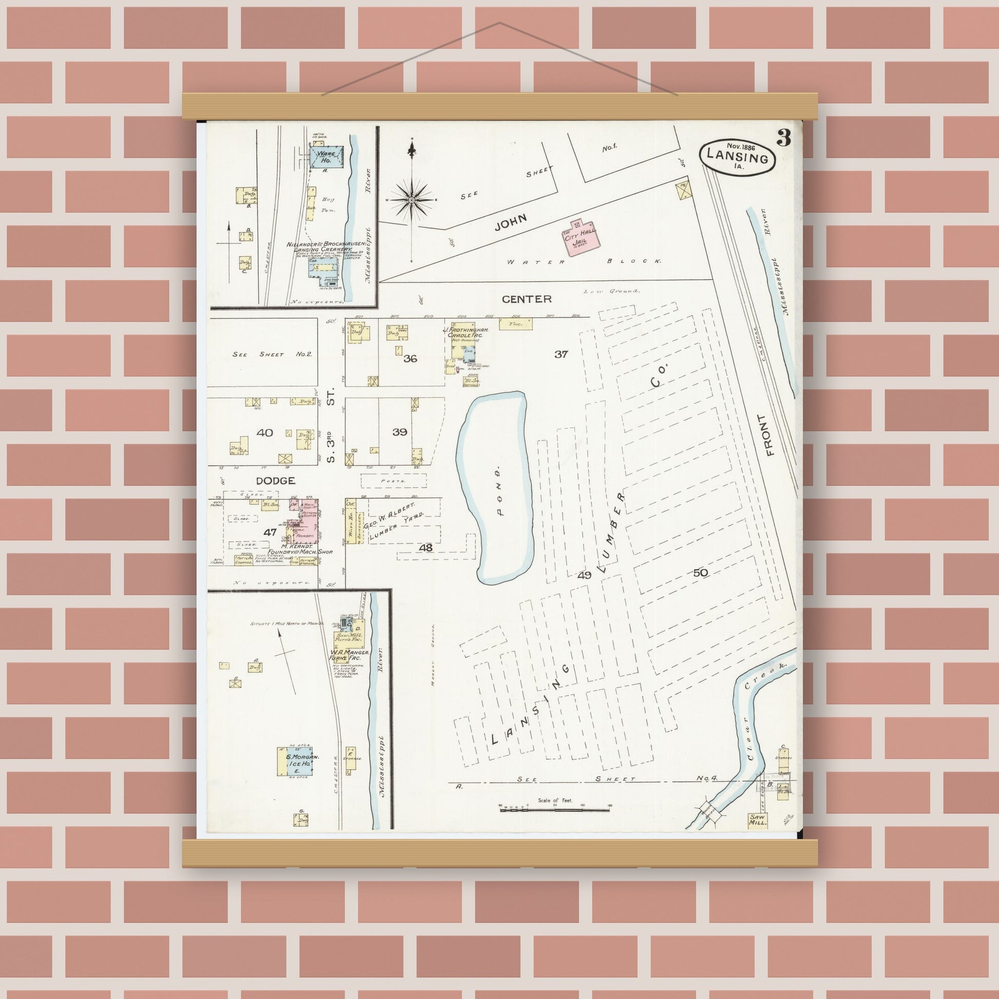 Old map wall art mockup — magnetic wood frame on brick wall — Sanborn Fire Insurance Map from Lansing, Allamakee County, Iowa (1886), Sheet #0003