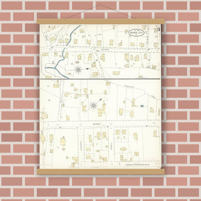 Old map wall art mockup — magnetic wood frame on brick wall — Sanborn Fire Insurance Map from Nevada City, Nevada County, California (1898), Sheet #0003