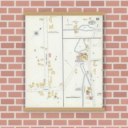 Old map wall art mockup — magnetic wood frame on brick wall — Sanborn Fire Insurance Map from Spencer, Worcester County, Massachusetts (1906), Sheet #0013