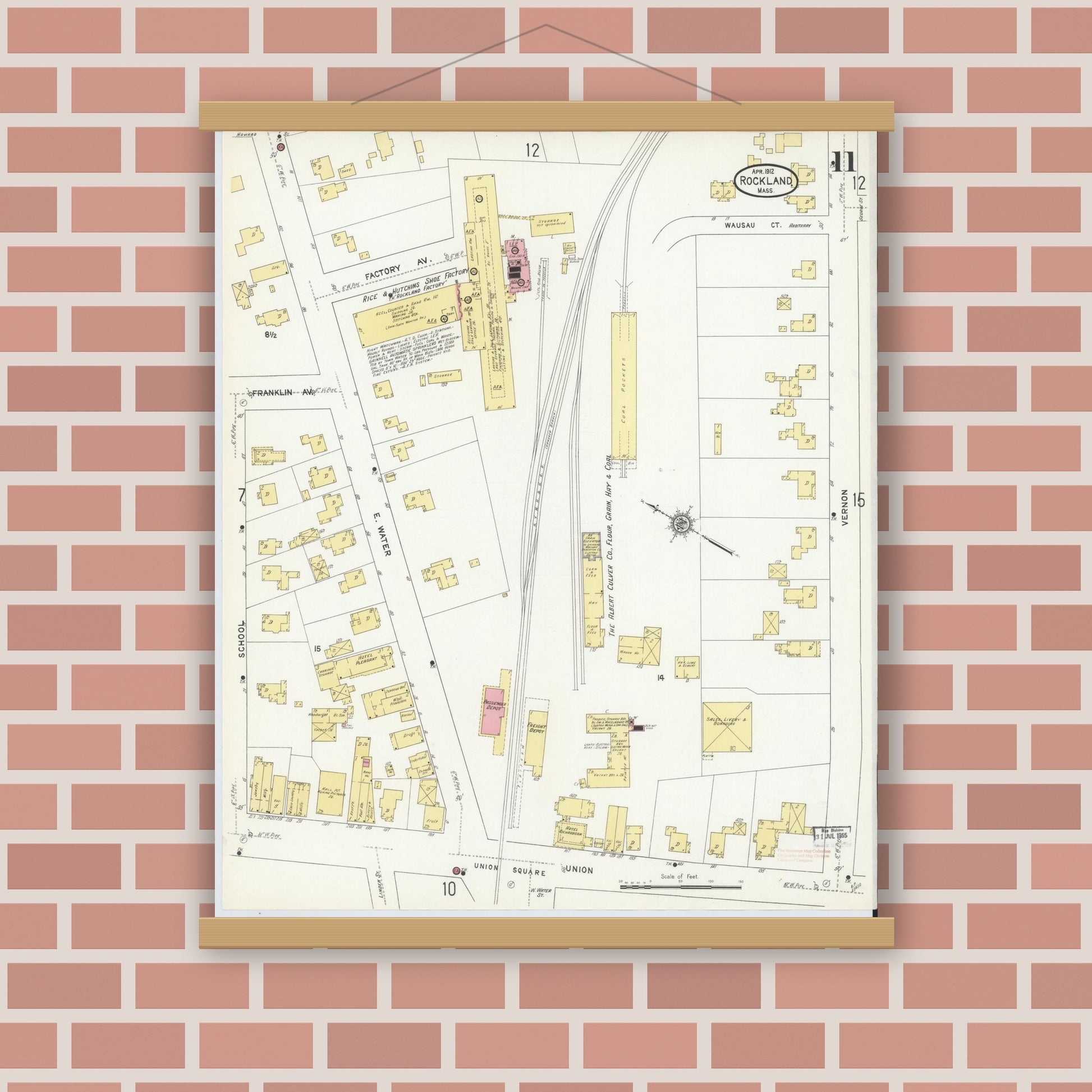 Old map wall art mockup — magnetic wood frame on brick wall — Sanborn Fire Insurance Map from Rockland, Plymouth County, Massachusetts (1912), Sheet #0011