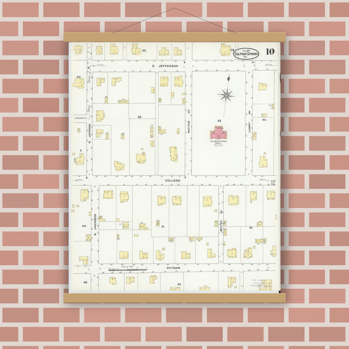 Old map wall art mockup — magnetic wood frame on brick wall — Sanborn Fire Insurance Map from Sulphur Springs, Hopkins County, Texas (1909), Sheet #0010