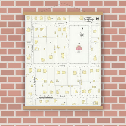 Old map wall art mockup — magnetic wood frame on brick wall — Sanborn Fire Insurance Map from Sulphur Springs, Hopkins County, Texas (1909), Sheet #0010