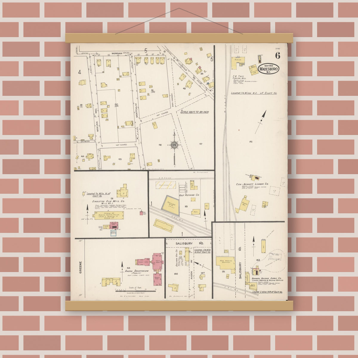 Old map wall art mockup — magnetic wood frame on brick wall — Sanborn Fire Insurance Map from Wadesboro, Anson County, North Carolina (1922), Sheet #0006