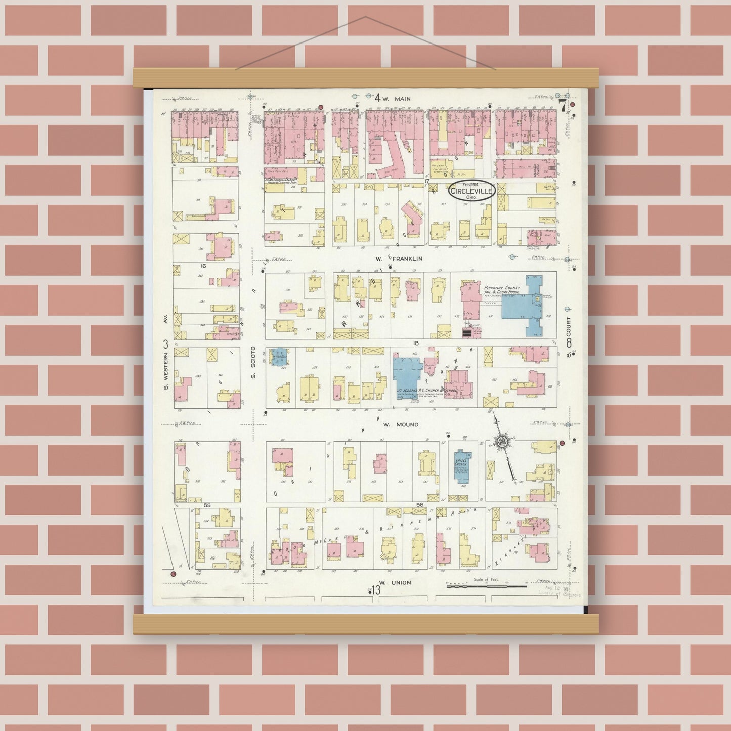 Old map wall art mockup — magnetic wood frame on brick wall — Sanborn Fire Insurance Map from Circleville, Pickaway County, Ohio (1914), Sheet #0007