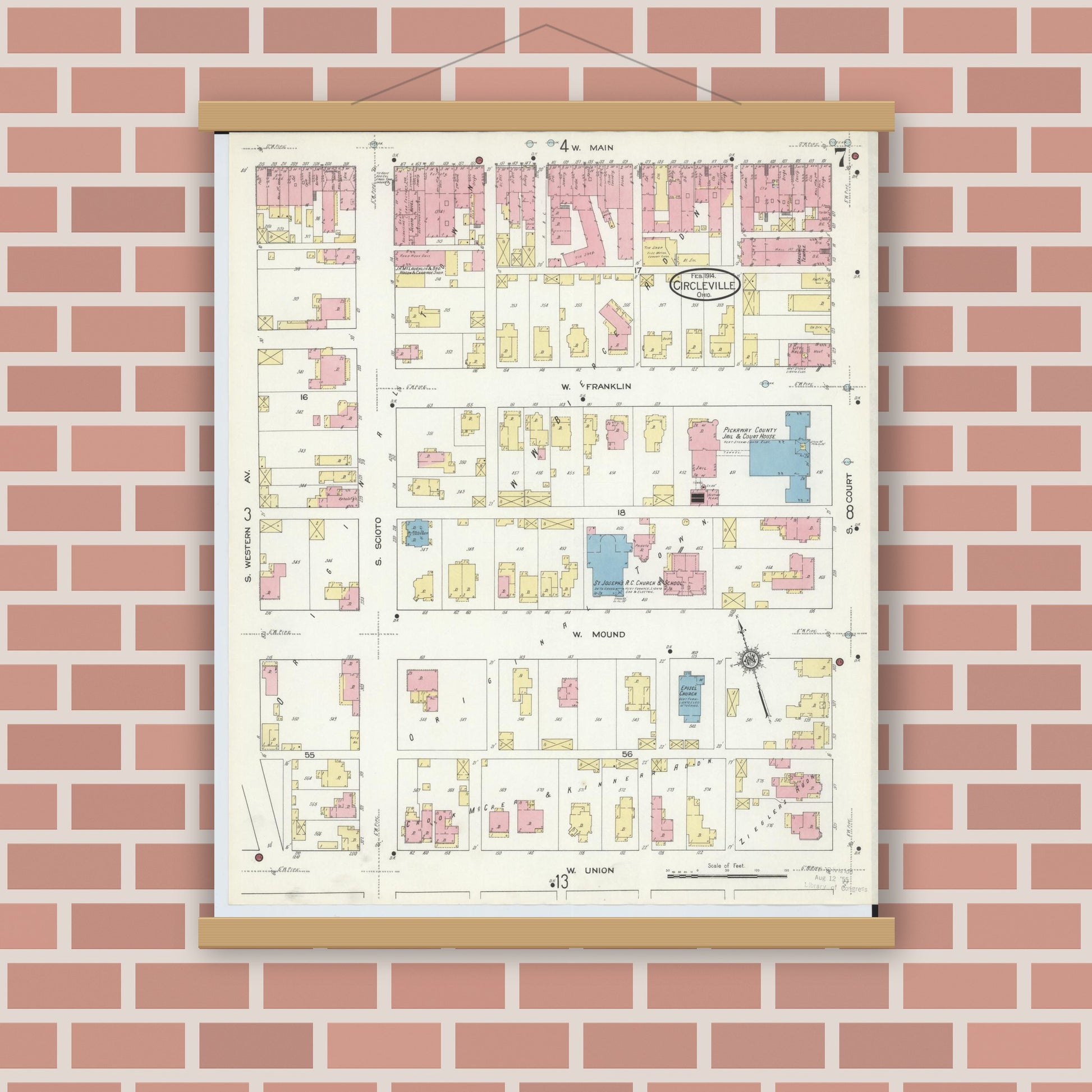 Old map wall art mockup — magnetic wood frame on brick wall — Sanborn Fire Insurance Map from Circleville, Pickaway County, Ohio (1914), Sheet #0007
