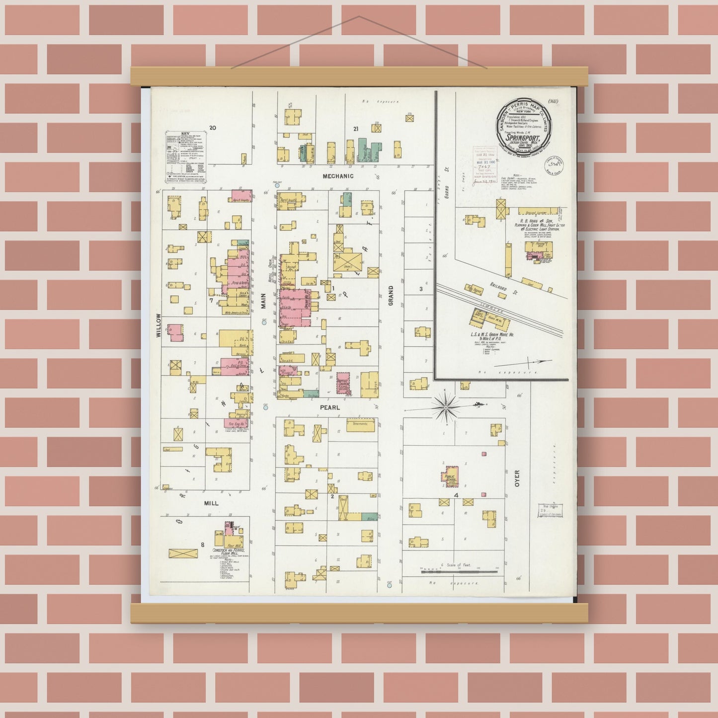Old map wall art mockup — magnetic wood frame on brick wall — Sanborn Fire Insurance Map from Springport, Jackson County, Michigan (1900), Sheet #0001