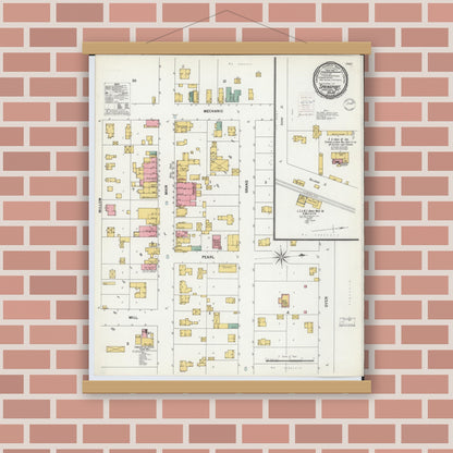 Old map wall art mockup — magnetic wood frame on brick wall — Sanborn Fire Insurance Map from Springport, Jackson County, Michigan (1900), Sheet #0001