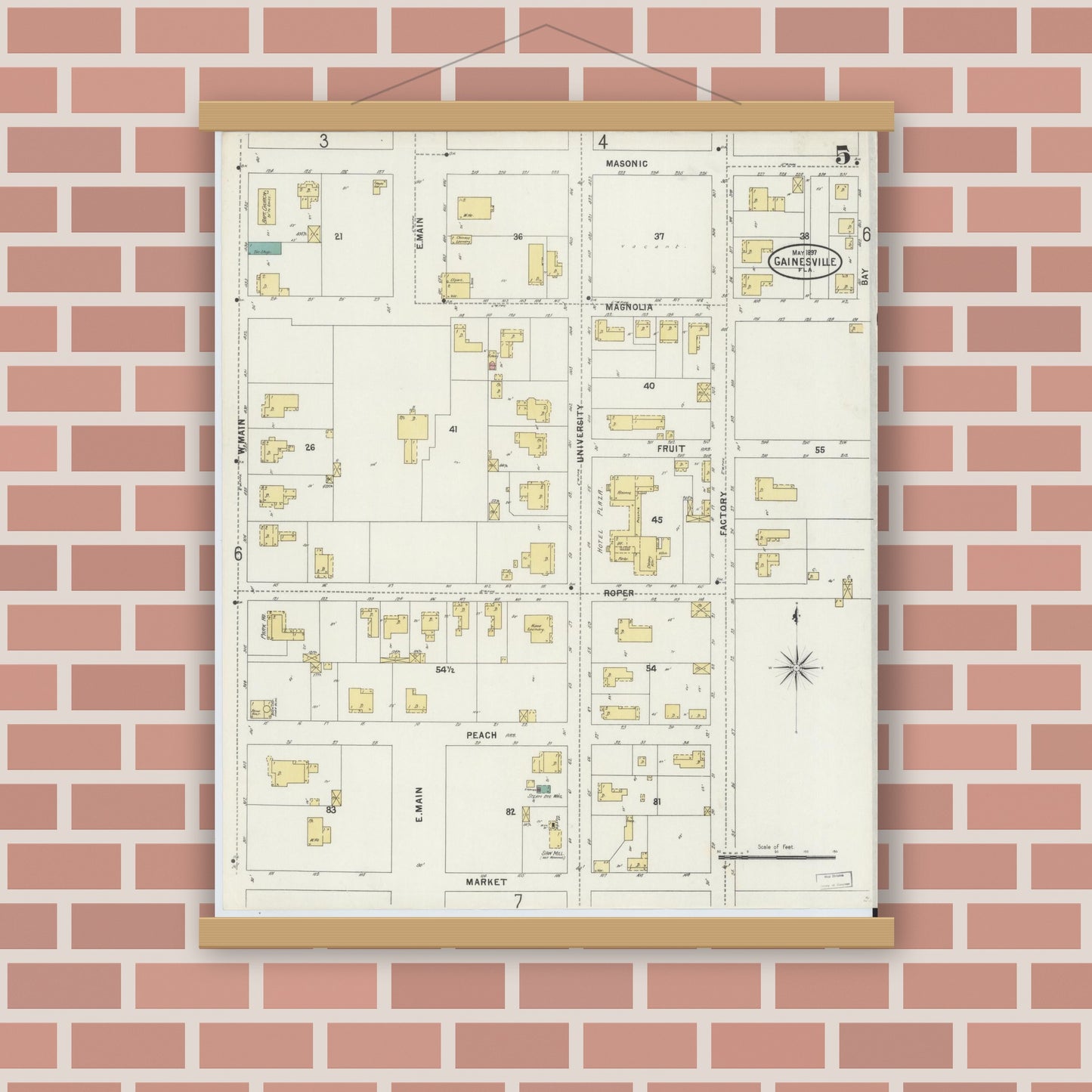 Old map wall art mockup — magnetic wood frame on brick wall — Sanborn Fire Insurance Map from Gainesville, Alachua County, Florida (1897), Sheet #0005