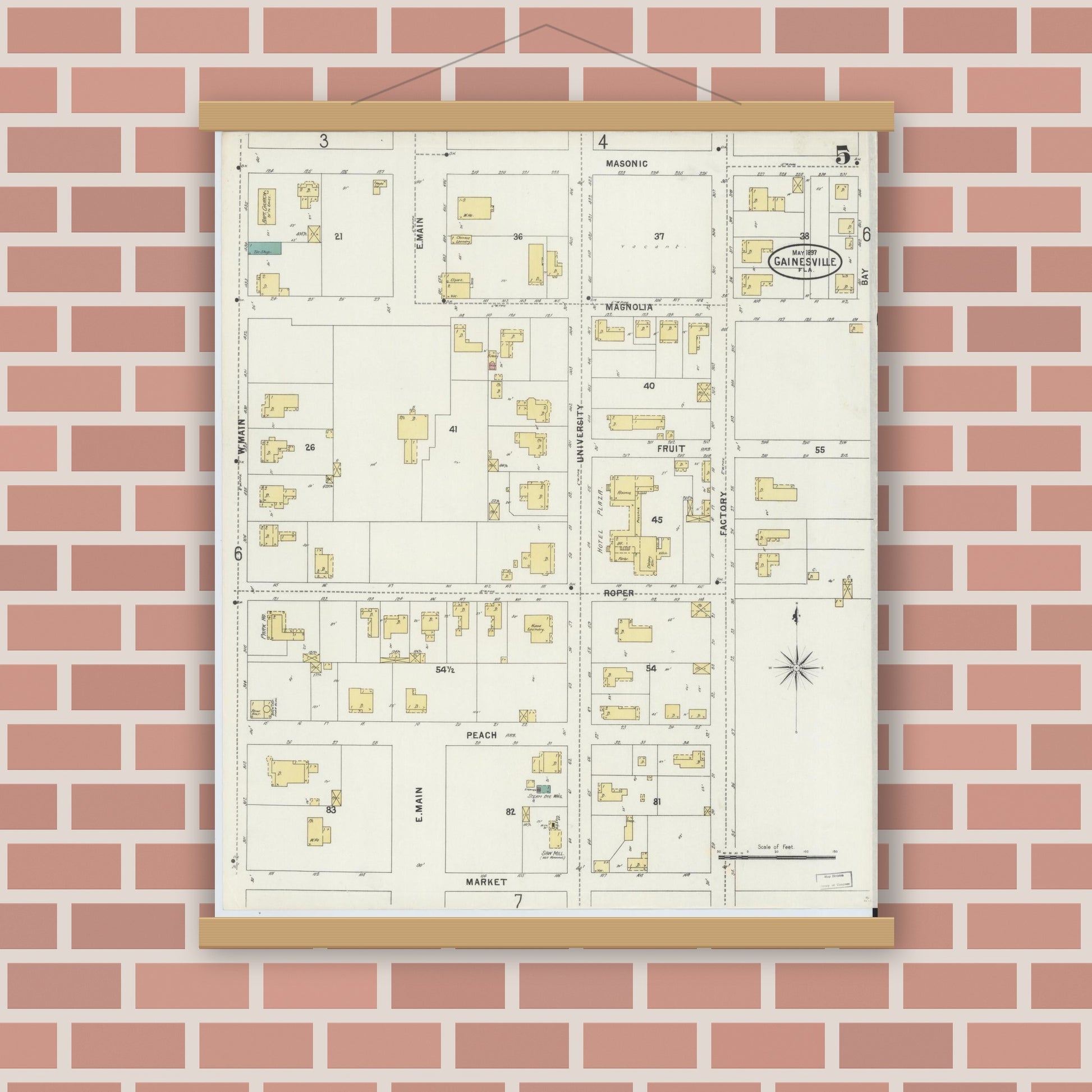 Old map wall art mockup — magnetic wood frame on brick wall — Sanborn Fire Insurance Map from Gainesville, Alachua County, Florida (1897), Sheet #0005