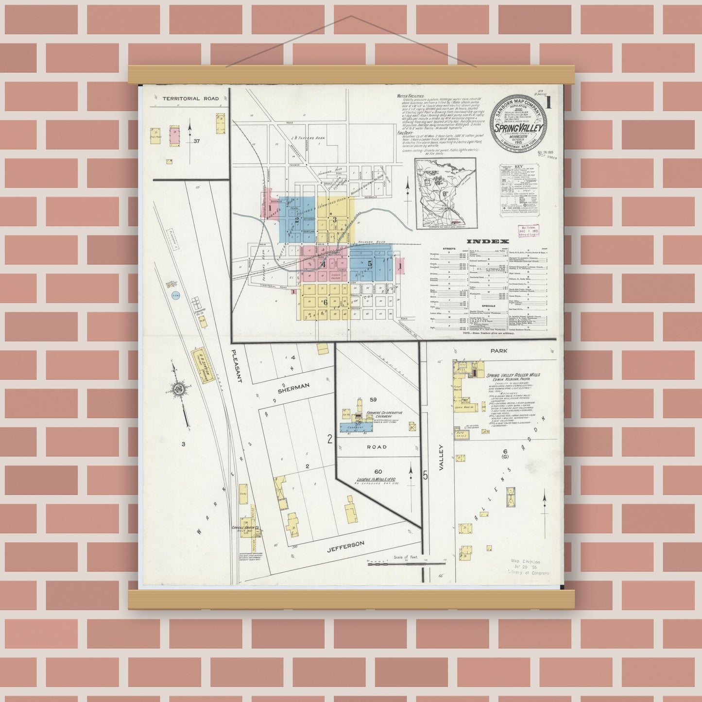 Old map wall art mockup — magnetic wood frame on brick wall — Sanborn Fire Insurance Map from Spring Valley, Fillmore County, Minnesota (1915) - Complete Map Set