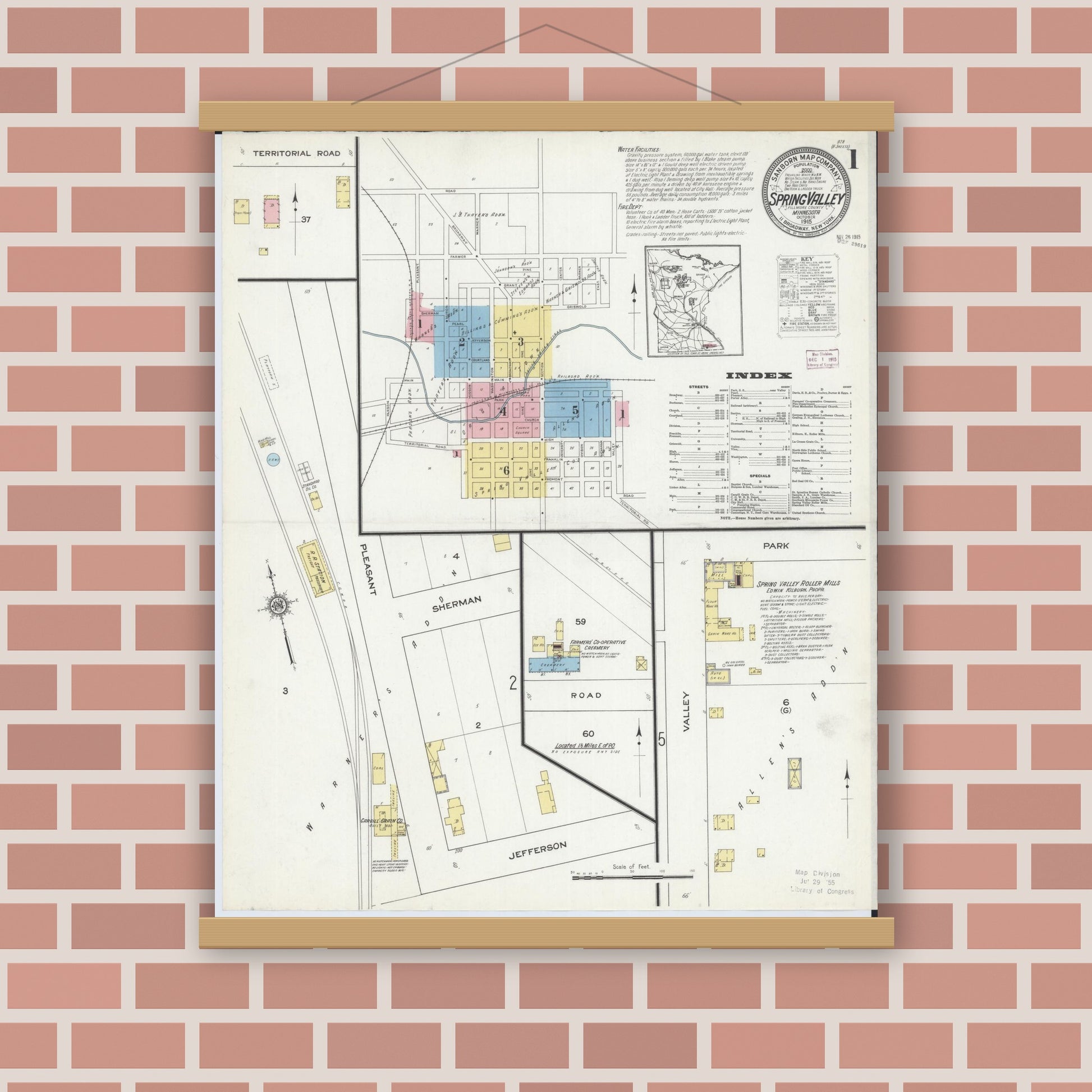 Old map wall art mockup — magnetic wood frame on brick wall — Sanborn Fire Insurance Map from Spring Valley, Fillmore County, Minnesota (1915) - Complete Map Set