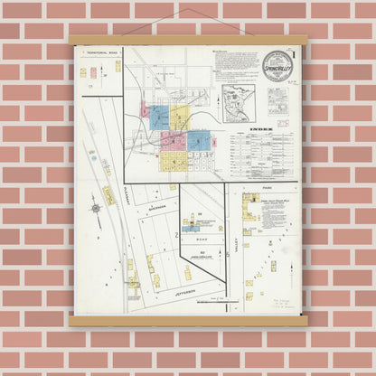 Old map wall art mockup — magnetic wood frame on brick wall — Sanborn Fire Insurance Map from Spring Valley, Fillmore County, Minnesota (1915) - Complete Map Set