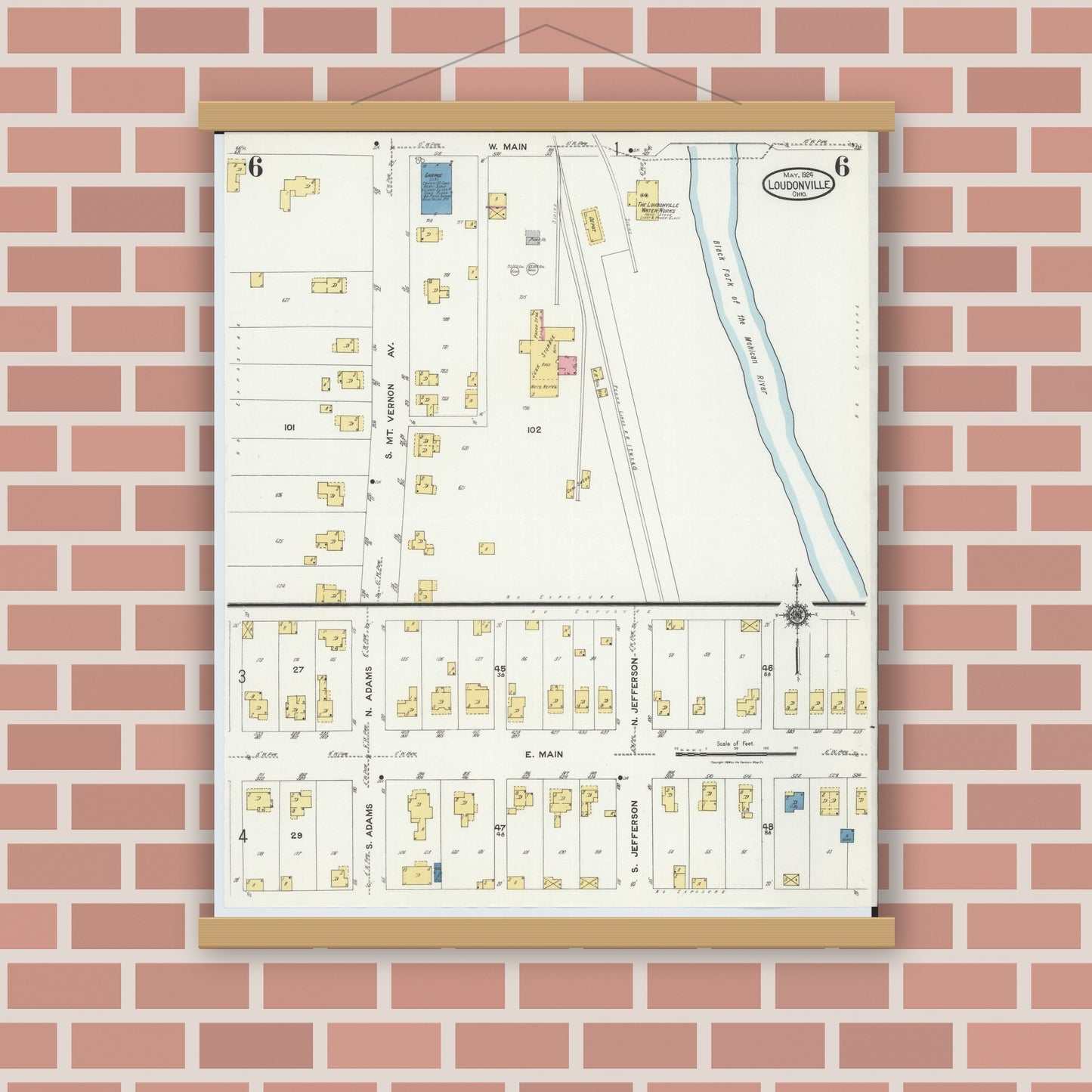 Old map wall art mockup — magnetic wood frame on brick wall — Sanborn Fire Insurance Map from Loudonville, Ashland County, Ohio (1924), Sheet #0006