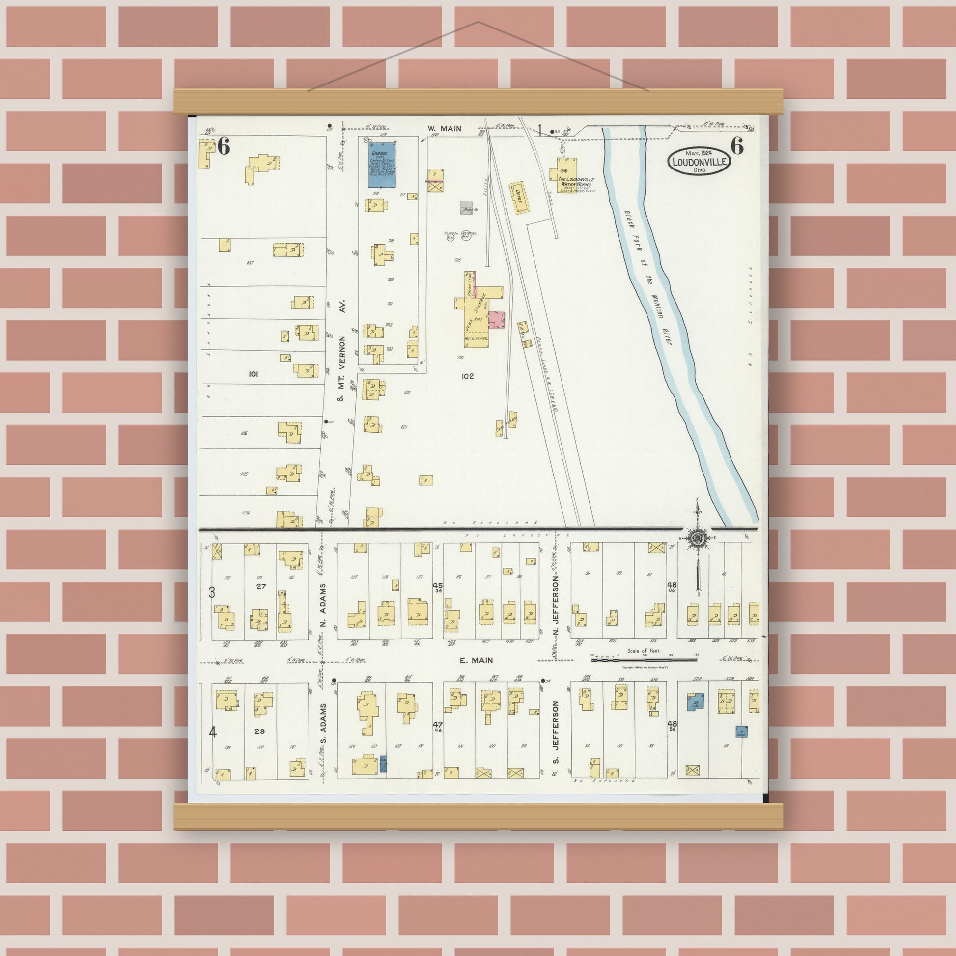 Old map wall art mockup — magnetic wood frame on brick wall — Sanborn Fire Insurance Map from Loudonville, Ashland County, Ohio (1924), Sheet #0006