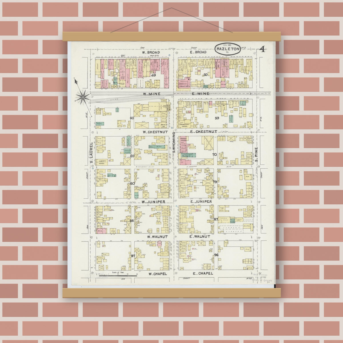 Old map wall art mockup — magnetic wood frame on brick wall — Sanborn Fire Insurance Map from Hazleton, Luzerne County, Pennsylvania (1891), Sheet #0004