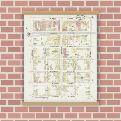 Old map wall art mockup — magnetic wood frame on brick wall — Sanborn Fire Insurance Map from Hazleton, Luzerne County, Pennsylvania (1891), Sheet #0004