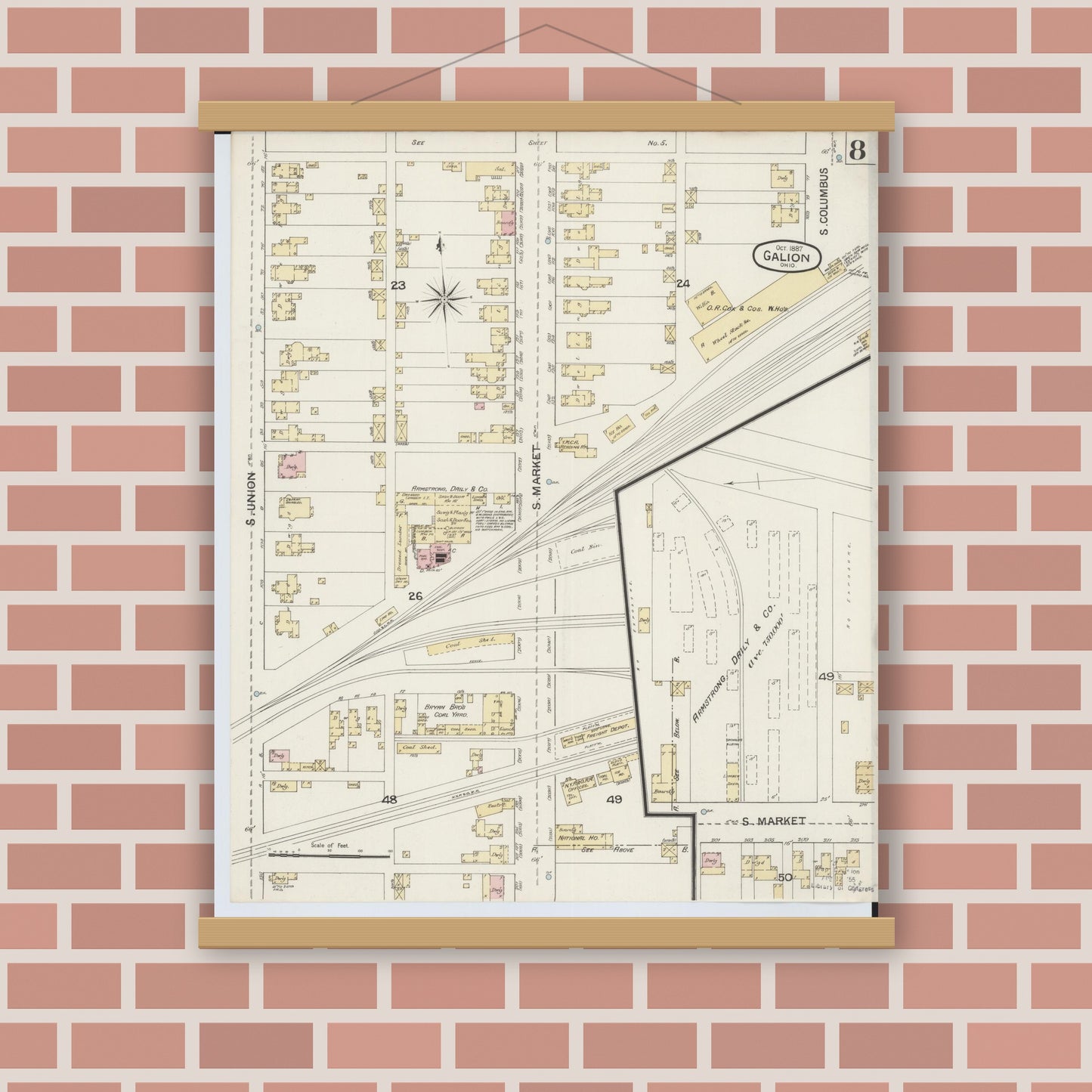Old map wall art mockup — magnetic wood frame on brick wall — Sanborn Fire Insurance Map from Galion, Crawford County, Ohio (1887), Sheet #0008