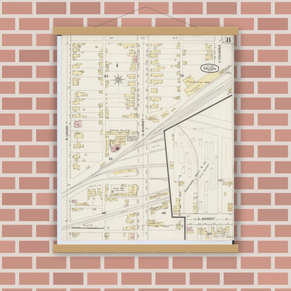 Old map wall art mockup — magnetic wood frame on brick wall — Sanborn Fire Insurance Map from Galion, Crawford County, Ohio (1887), Sheet #0008