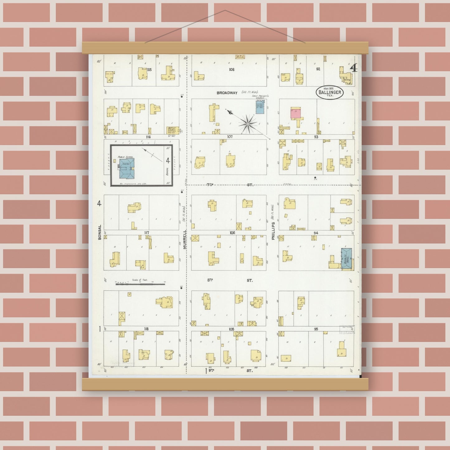 Old map wall art mockup — magnetic wood frame on brick wall — Sanborn Fire Insurance Map from Ballinger, Runnels County, Texas (1902), Sheet #0004