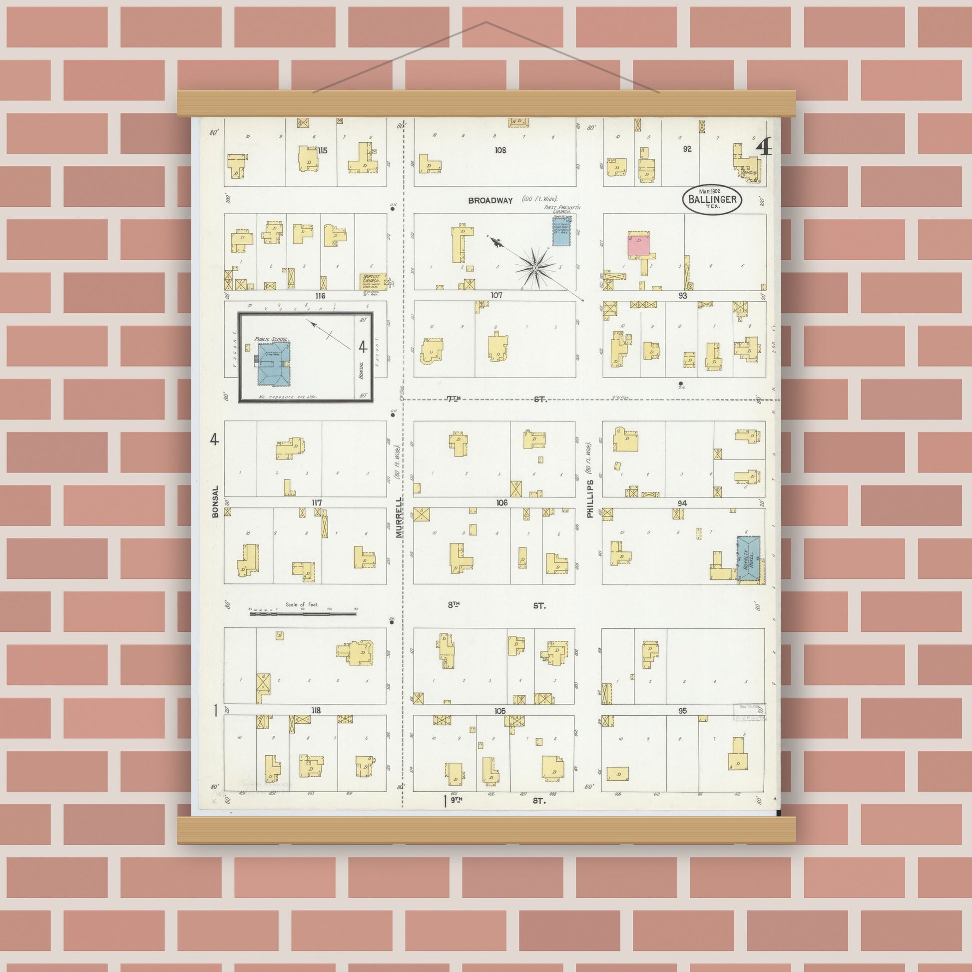 Old map wall art mockup — magnetic wood frame on brick wall — Sanborn Fire Insurance Map from Ballinger, Runnels County, Texas (1902), Sheet #0004