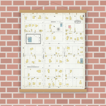 Old map wall art mockup — magnetic wood frame on brick wall — Sanborn Fire Insurance Map from Ballinger, Runnels County, Texas (1902), Sheet #0004