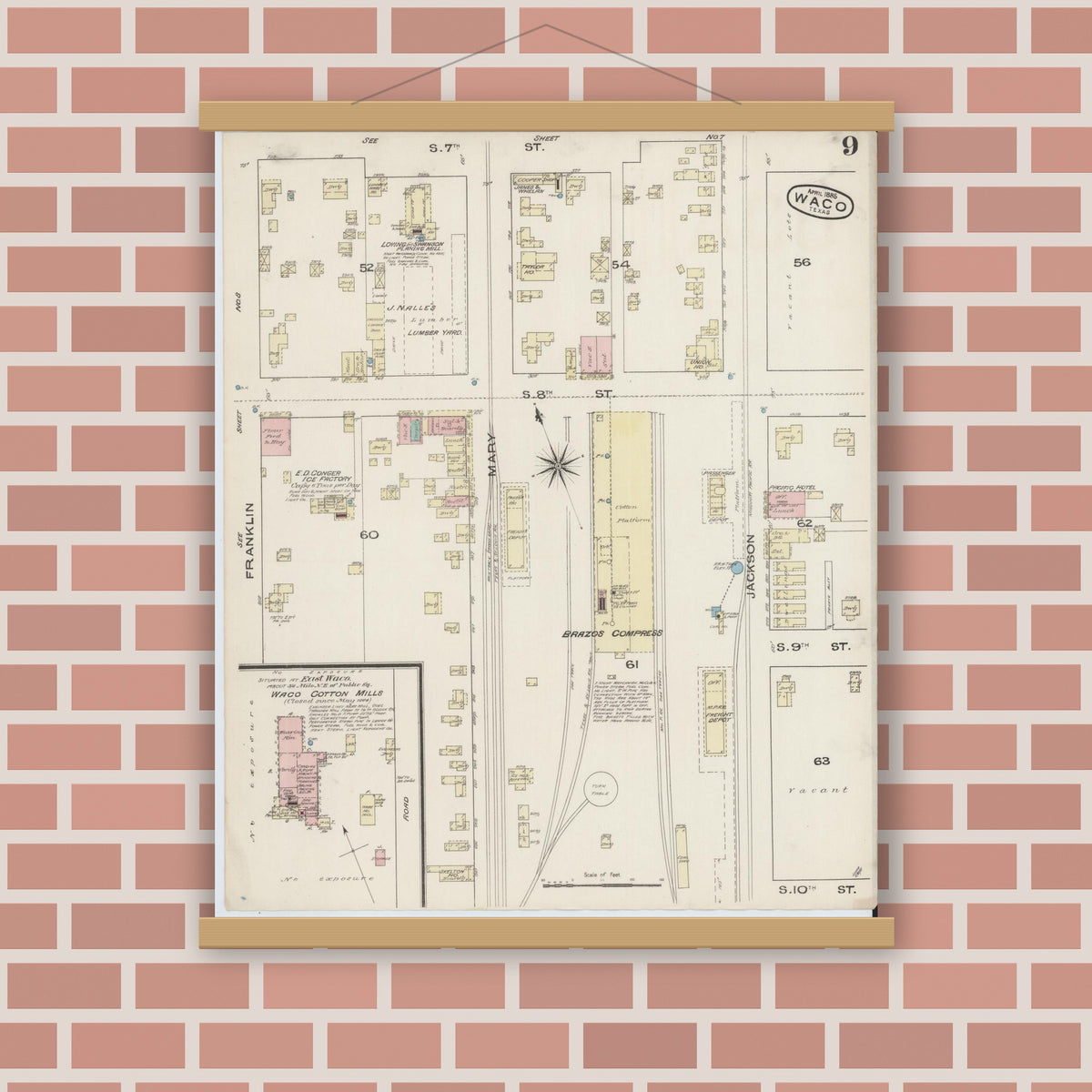 Old map wall art mockup — magnetic wood frame on brick wall — Sanborn Fire Insurance Map from Waco, McLennan County, Texas (1885), Sheet #0009