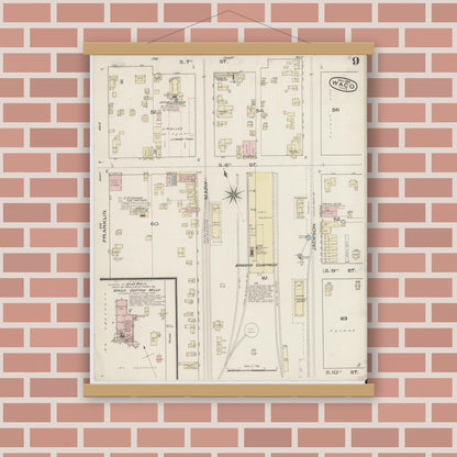 Old map wall art mockup — magnetic wood frame on brick wall — Sanborn Fire Insurance Map from Waco, McLennan County, Texas (1885), Sheet #0009