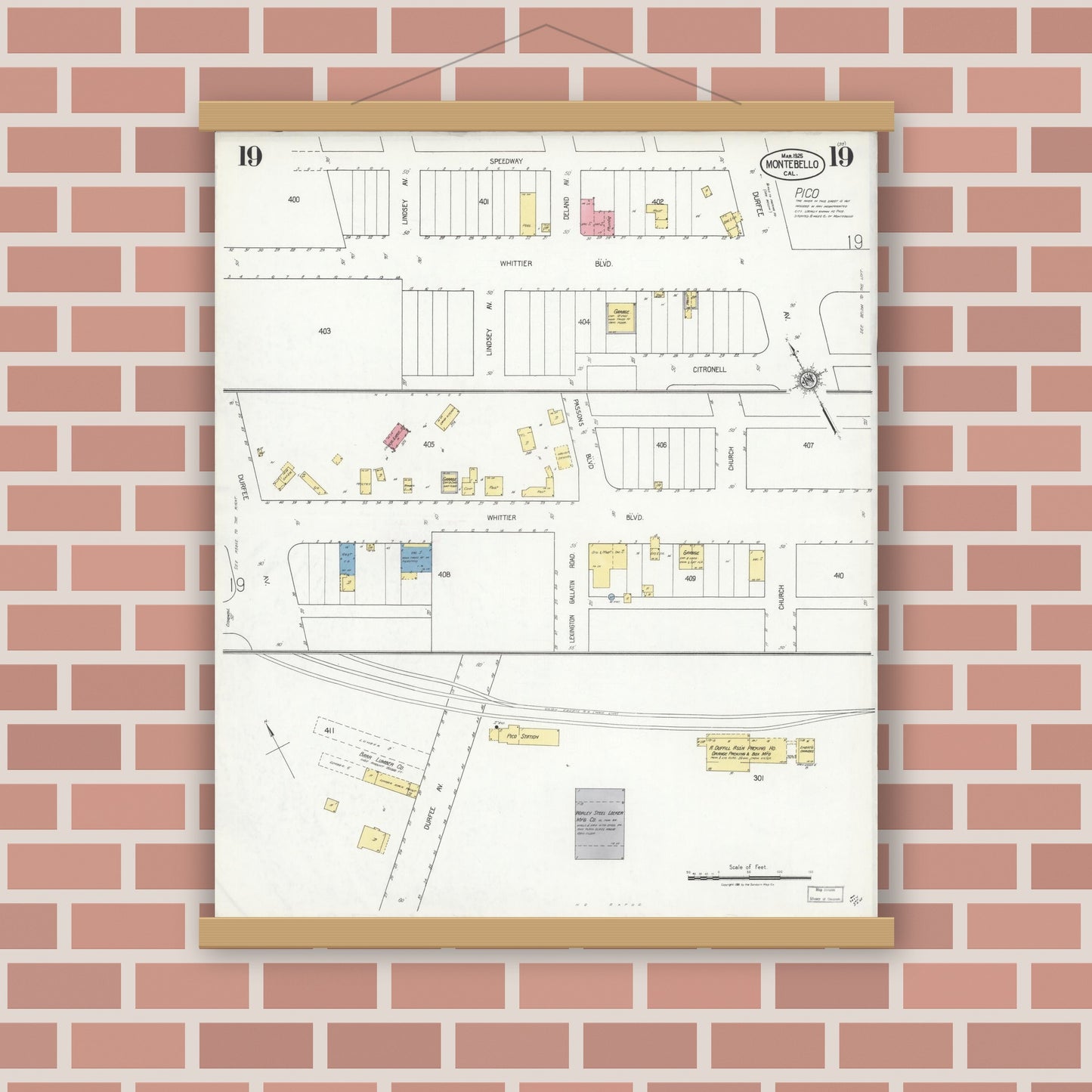 Old map wall art mockup — magnetic wood frame on brick wall — Sanborn Fire Insurance Map from Montebello, Los Angeles County, California (1925), Sheet #0019