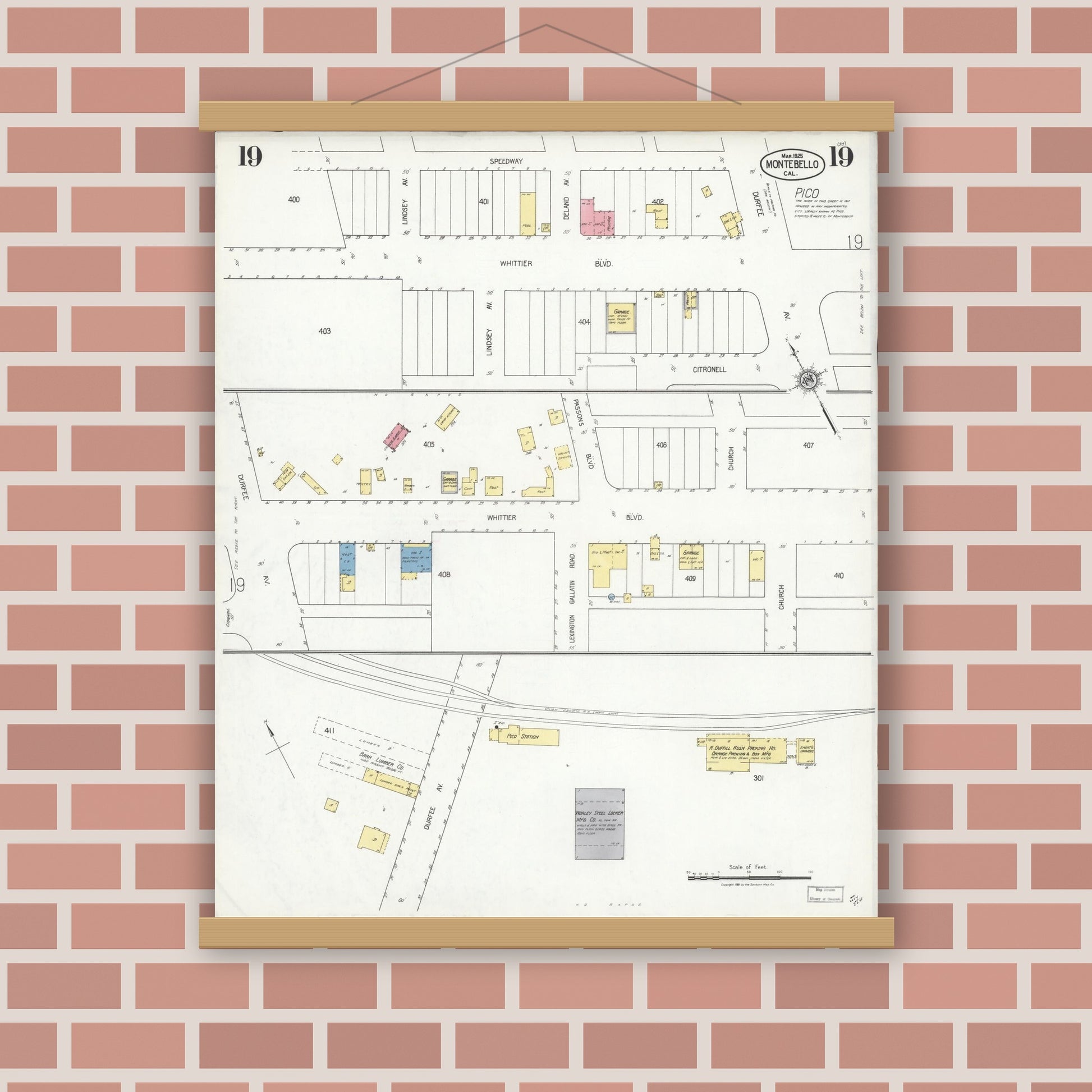 Old map wall art mockup — magnetic wood frame on brick wall — Sanborn Fire Insurance Map from Montebello, Los Angeles County, California (1925), Sheet #0019