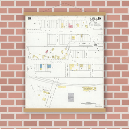 Old map wall art mockup — magnetic wood frame on brick wall — Sanborn Fire Insurance Map from Montebello, Los Angeles County, California (1925), Sheet #0019