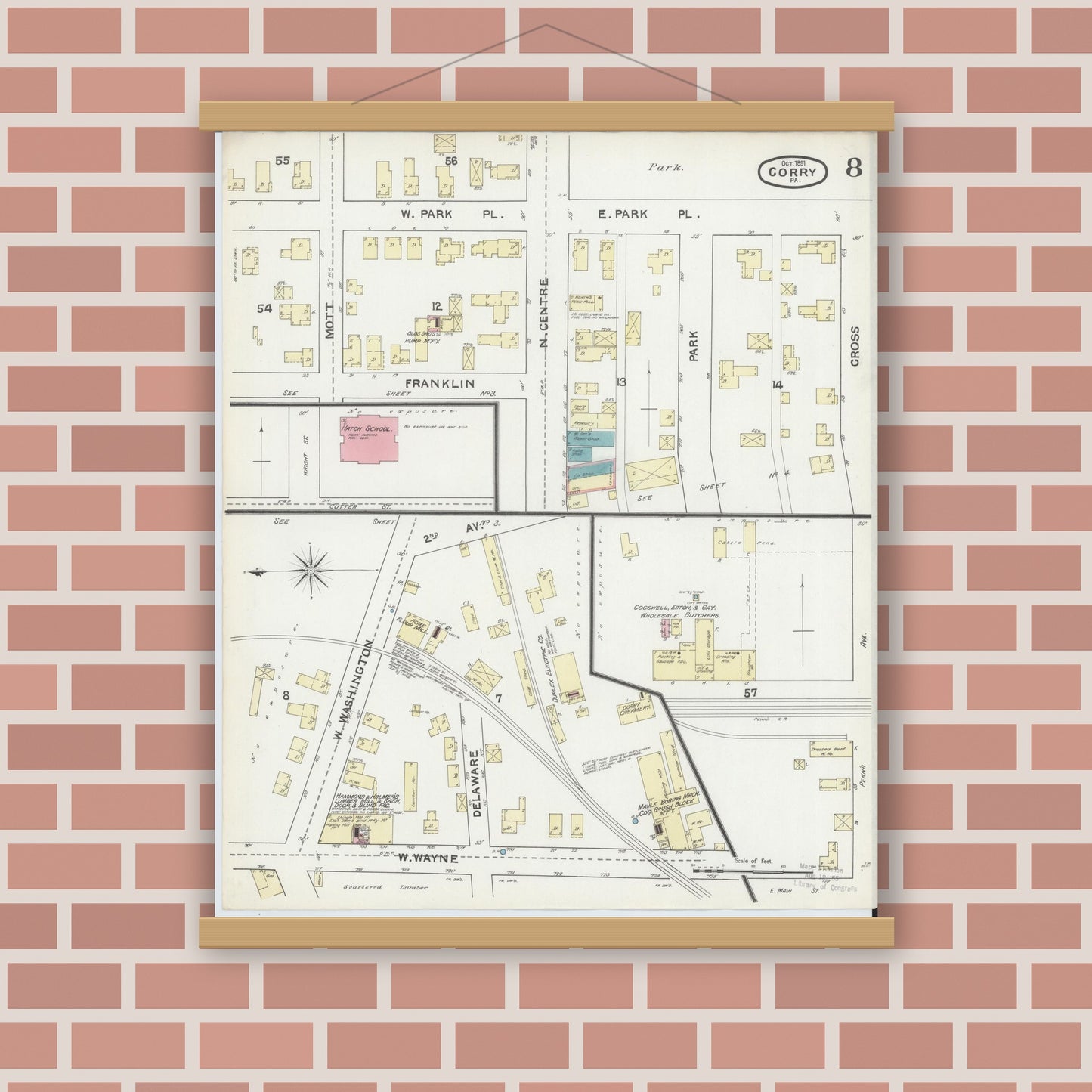 Old map wall art mockup — magnetic wood frame on brick wall — Sanborn Fire Insurance Map from Corry, Erie County, Pennsylvania (1891), Sheet #0008