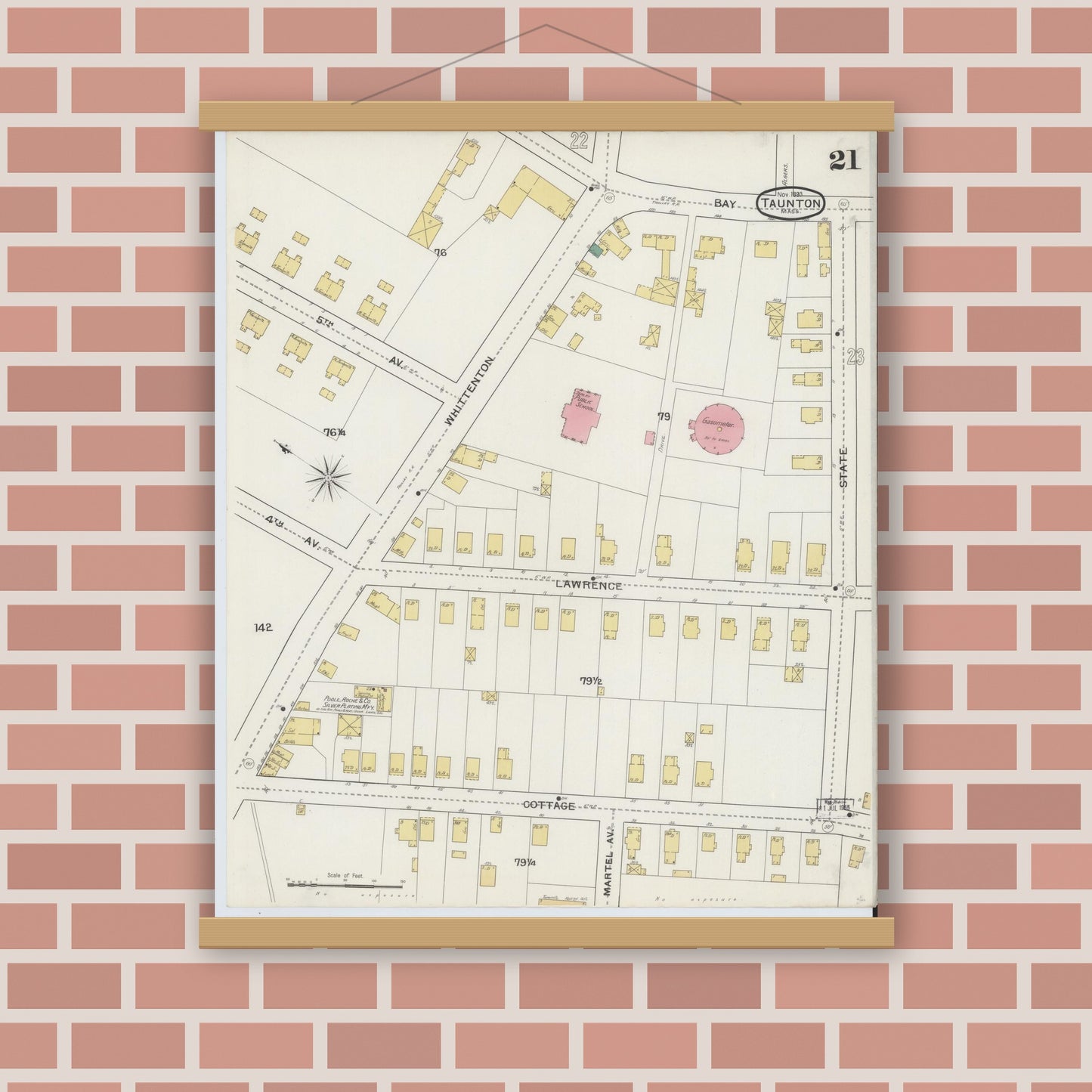 Old map wall art mockup — magnetic wood frame on brick wall — Sanborn Fire Insurance Map from Taunton, Bristol County, Massachusetts (1893), Sheet #0021