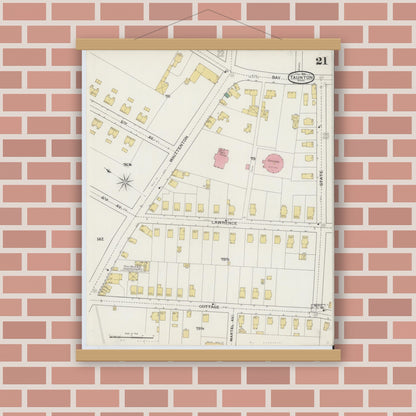 Old map wall art mockup — magnetic wood frame on brick wall — Sanborn Fire Insurance Map from Taunton, Bristol County, Massachusetts (1893), Sheet #0021