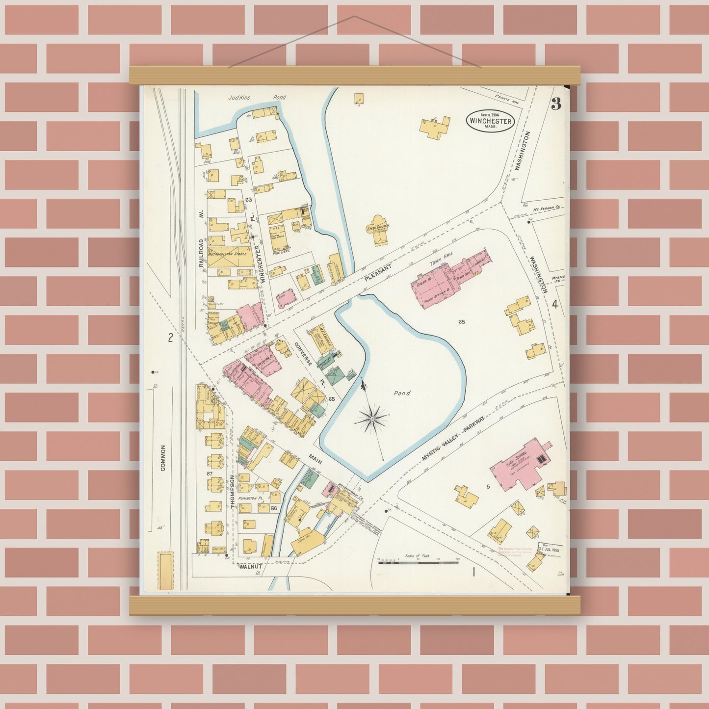 Old map wall art mockup — magnetic wood frame on brick wall — Sanborn Fire Insurance Map from Winchester, Middlesex County, Massachusetts (1904), Sheet #0003