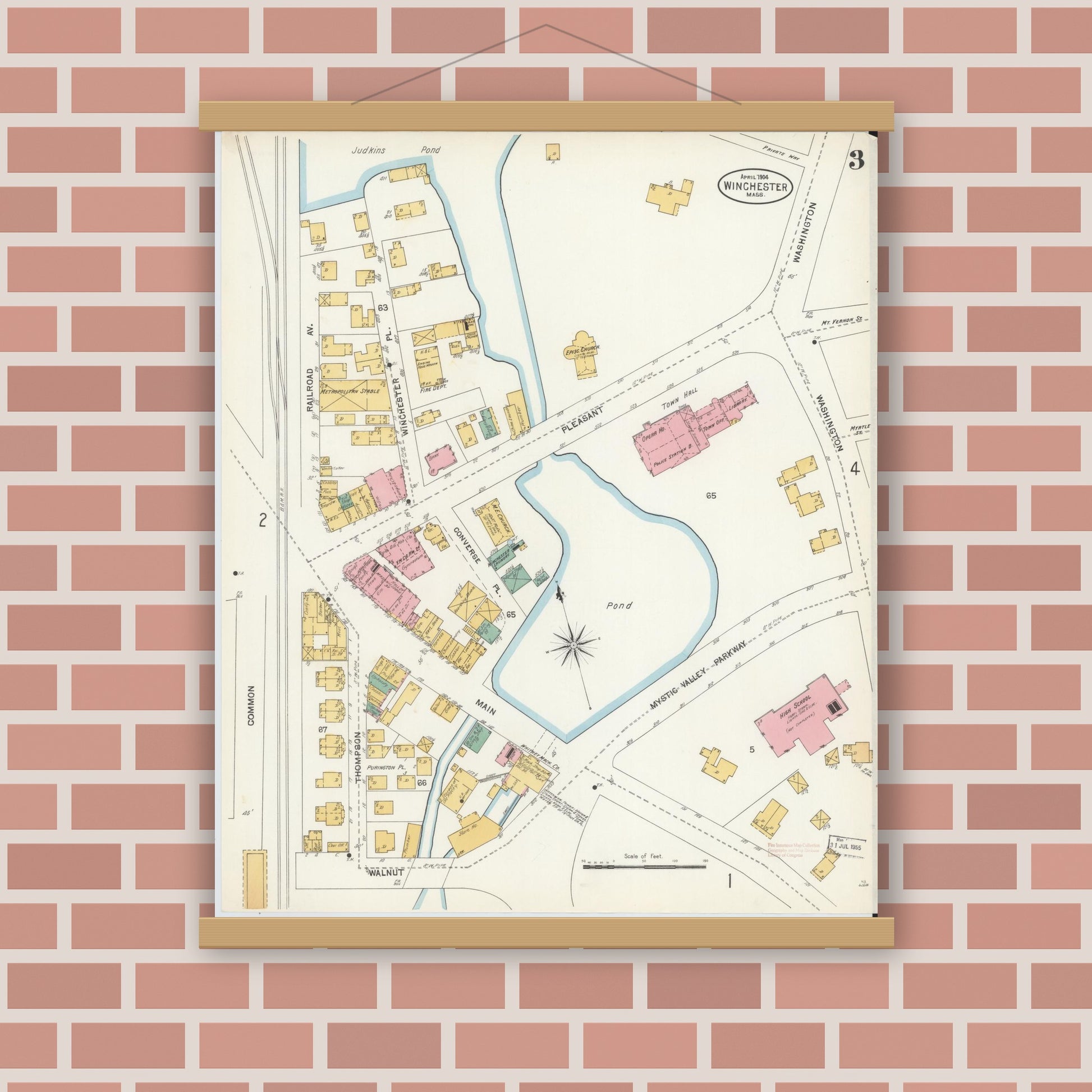 Old map wall art mockup — magnetic wood frame on brick wall — Sanborn Fire Insurance Map from Winchester, Middlesex County, Massachusetts (1904), Sheet #0003