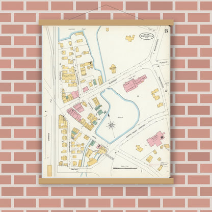 Old map wall art mockup — magnetic wood frame on brick wall — Sanborn Fire Insurance Map from Winchester, Middlesex County, Massachusetts (1904), Sheet #0003