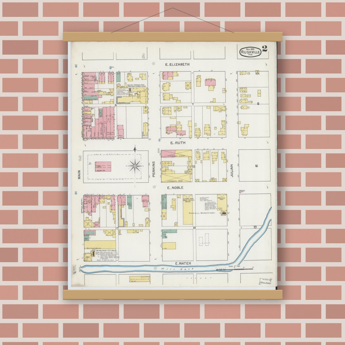 Old map wall art mockup — magnetic wood frame on brick wall — Sanborn Fire Insurance Map from Rushville, Rush County, Indiana (1892), Sheet #0002