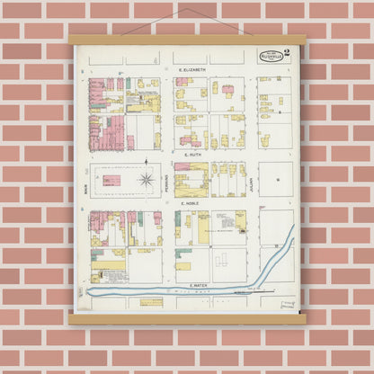 Old map wall art mockup — magnetic wood frame on brick wall — Sanborn Fire Insurance Map from Rushville, Rush County, Indiana (1892), Sheet #0002