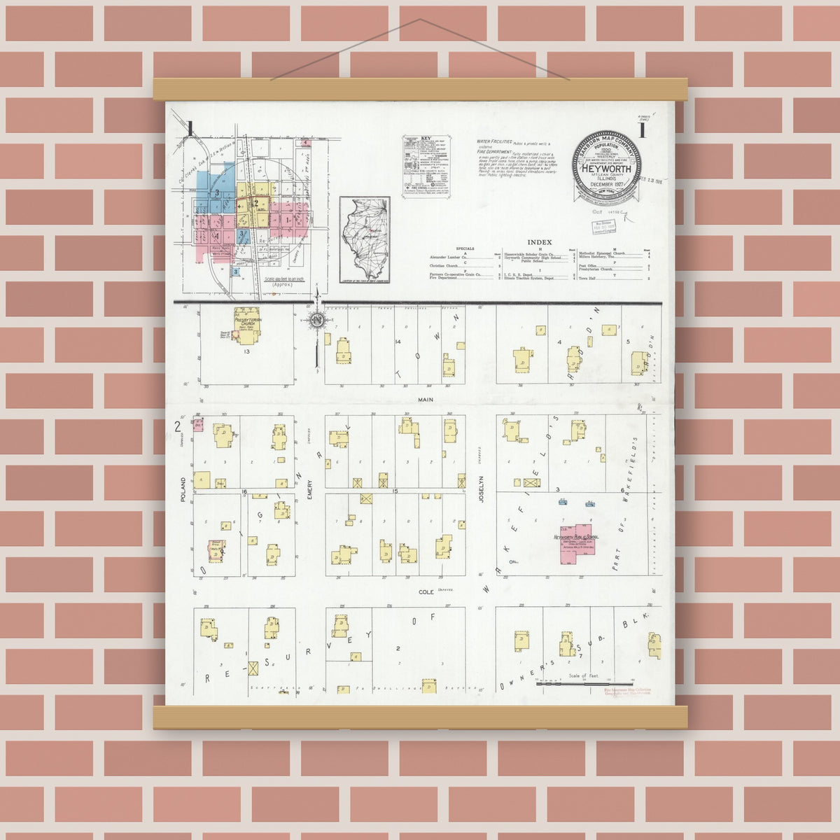 Old map wall art mockup — magnetic wood frame on brick wall — Sanborn Fire Insurance Map from Heyworth, McLean County, Illinois (1927) - Complete Map Set