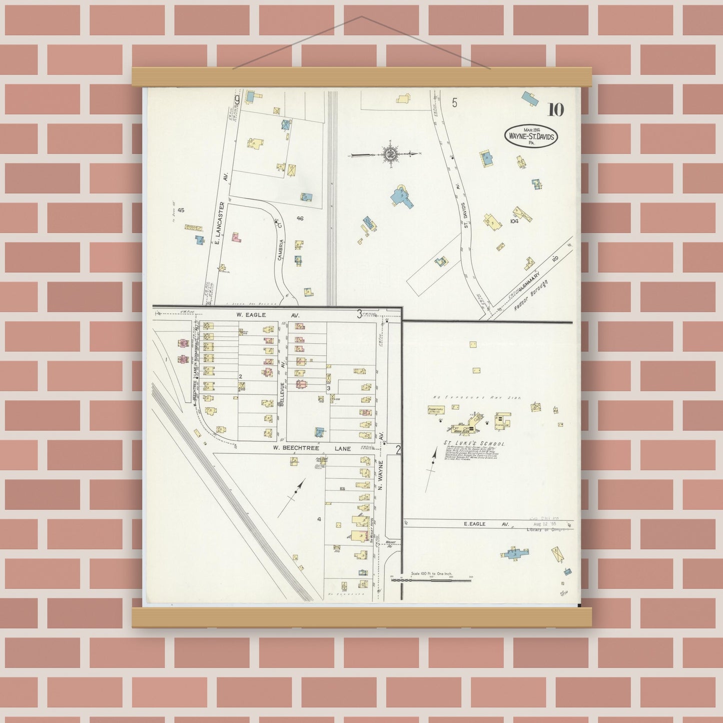 Old map wall art mockup — magnetic wood frame on brick wall — Sanborn Fire Insurance Map from Wayne, Delaware County, Pennsylvania (1914), Sheet #0010