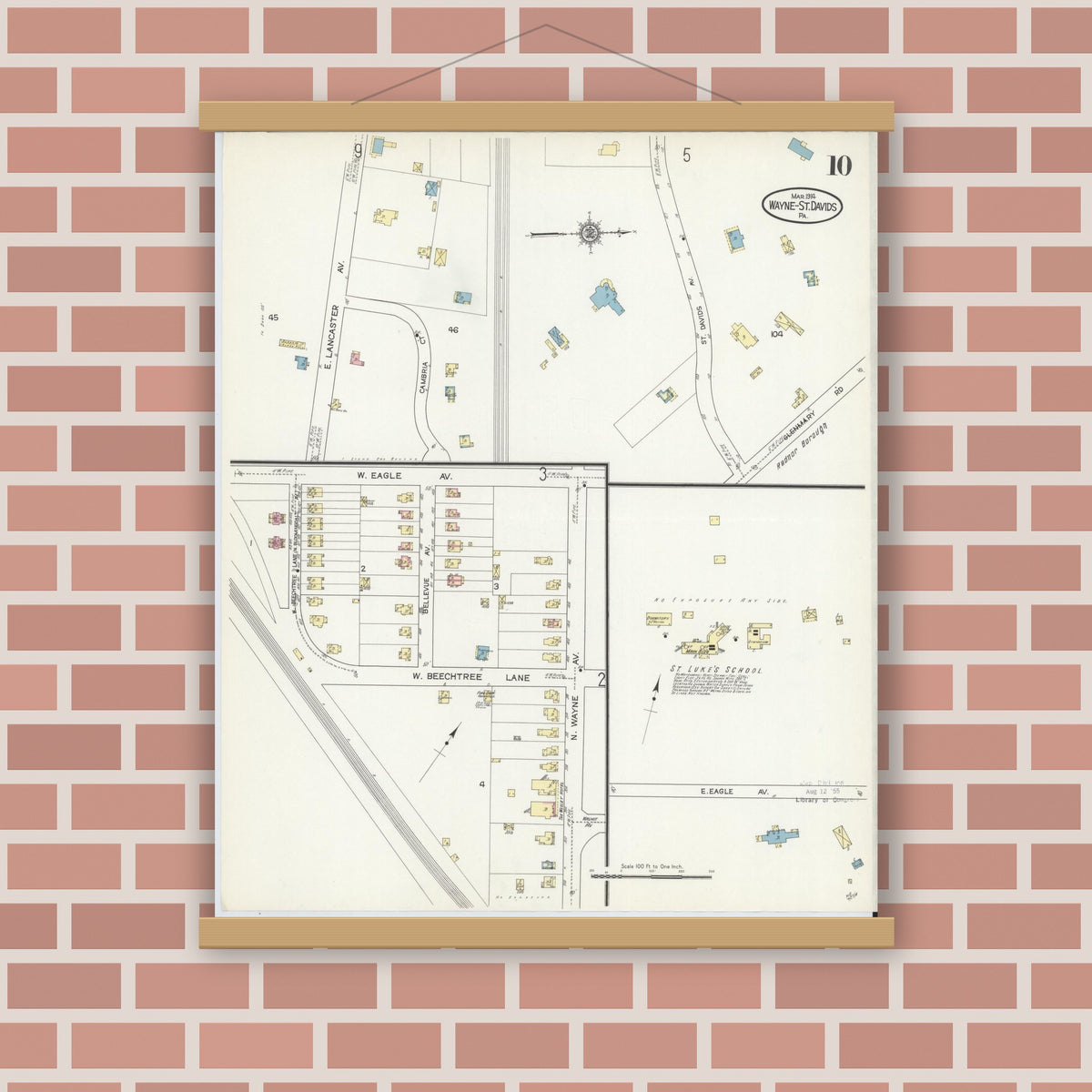 Old map wall art mockup — magnetic wood frame on brick wall — Sanborn Fire Insurance Map from Wayne, Delaware County, Pennsylvania (1914), Sheet #0010