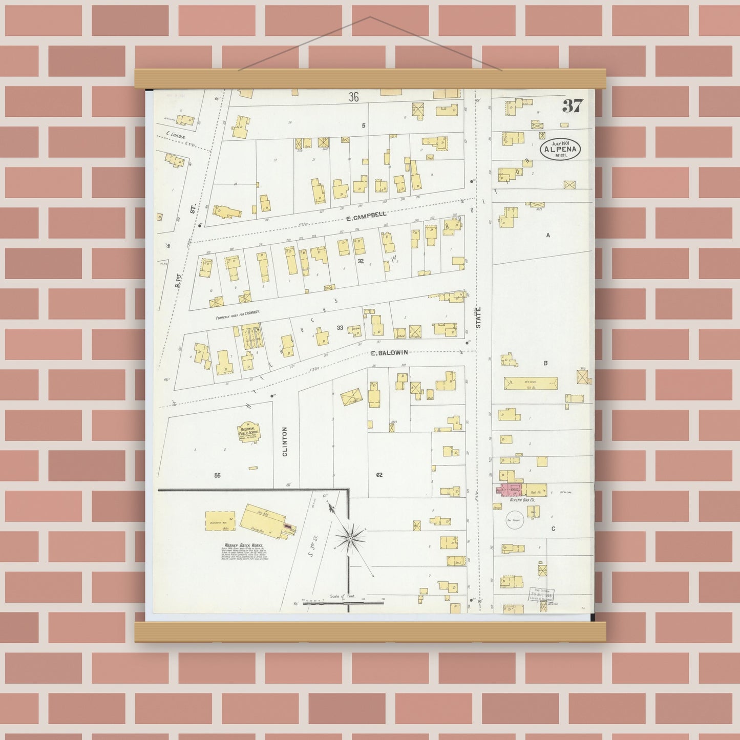 Old map wall art mockup — magnetic wood frame on brick wall — Sanborn Fire Insurance Map from Alpena, Alpena County, Michigan (1901), Sheet #0037