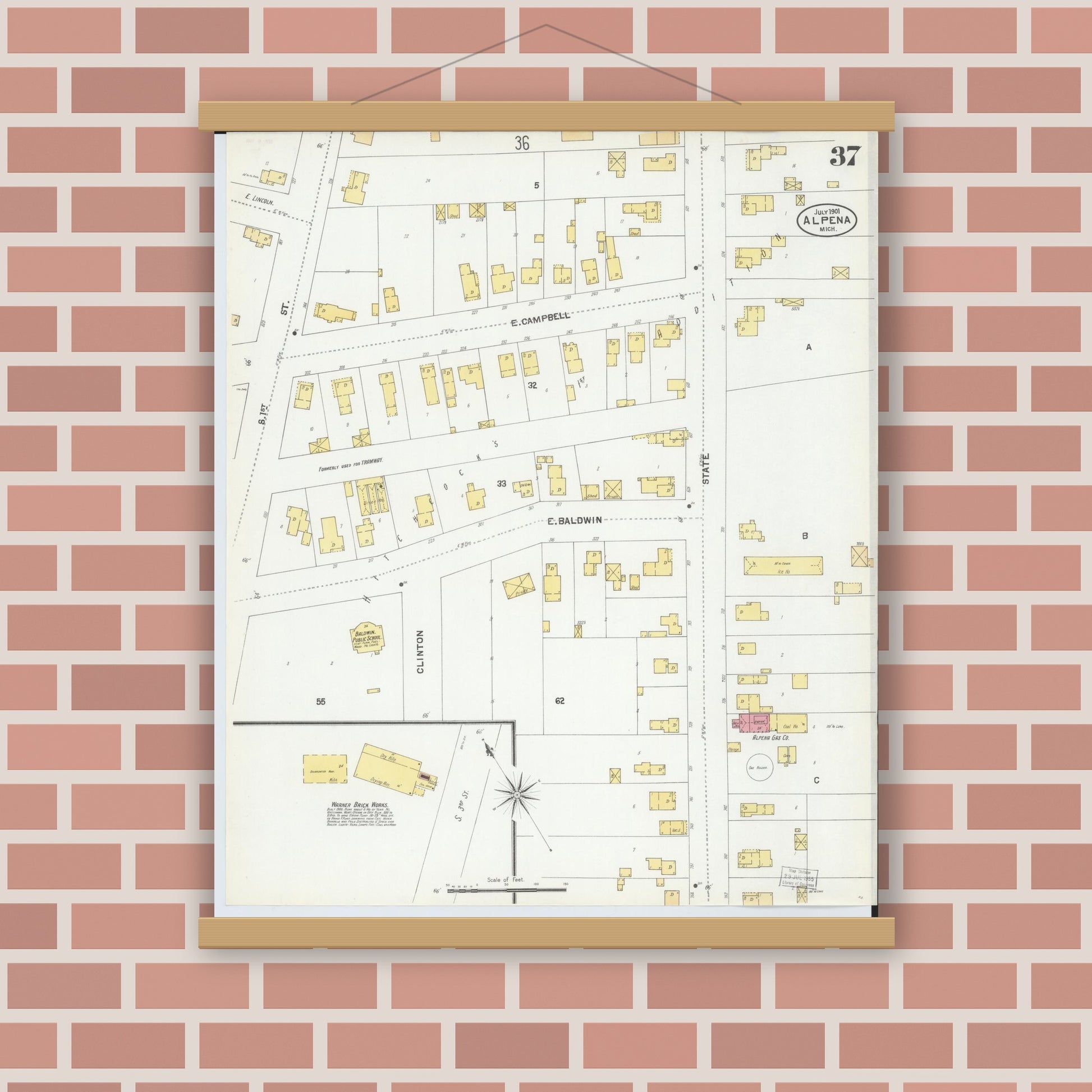 Old map wall art mockup — magnetic wood frame on brick wall — Sanborn Fire Insurance Map from Alpena, Alpena County, Michigan (1901), Sheet #0037