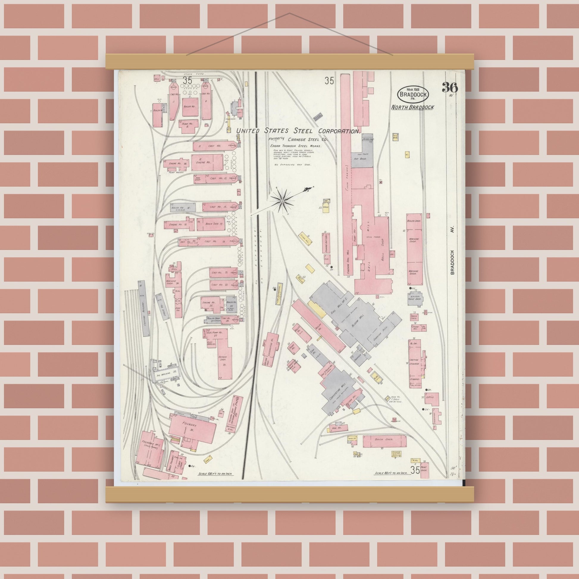 Old map wall art mockup — magnetic wood frame on brick wall — Sanborn Fire Insurance Map from Braddock, Allegheny County, Pennsylvania (1908), Sheet #0036