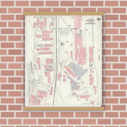 Old map wall art mockup — magnetic wood frame on brick wall — Sanborn Fire Insurance Map from Braddock, Allegheny County, Pennsylvania (1908), Sheet #0036