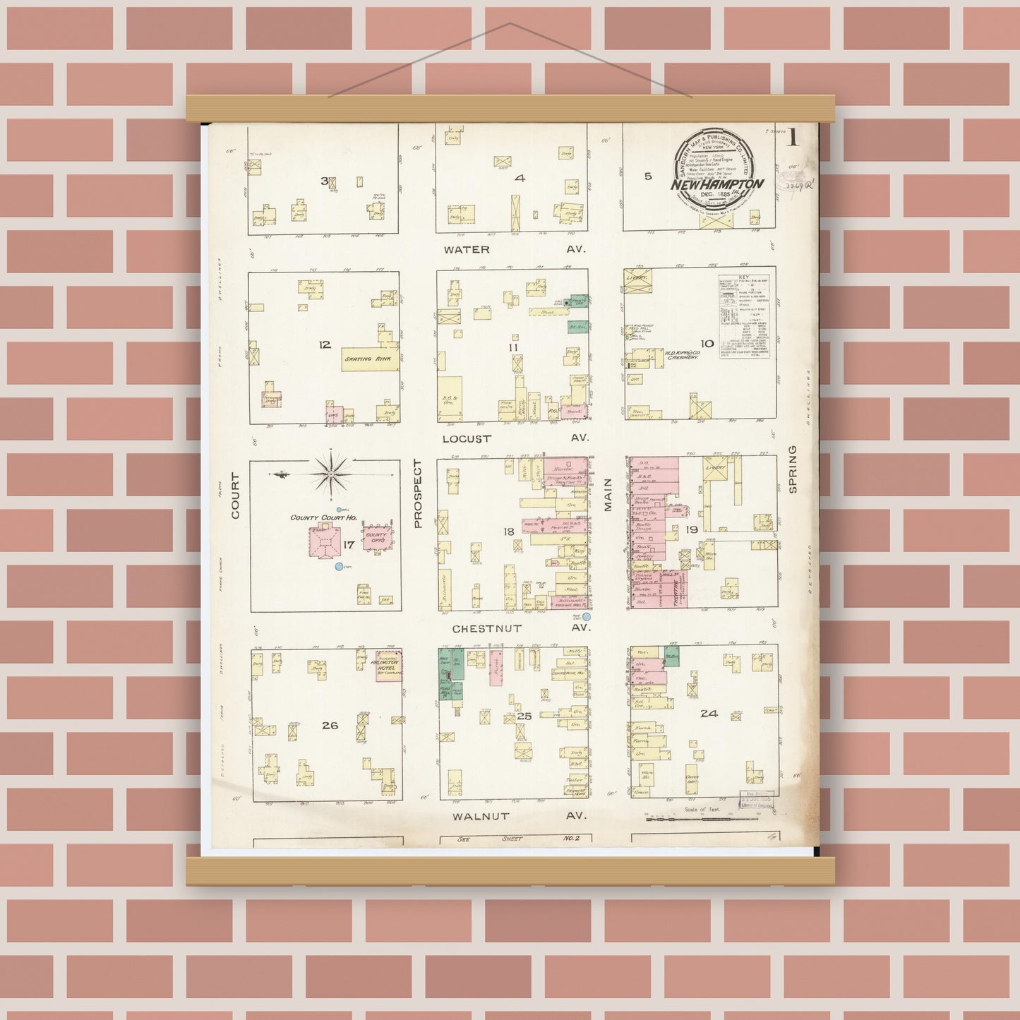 Old map wall art mockup — magnetic wood frame on brick wall — Sanborn Fire Insurance Map from New Hampton, Chickasaw County, Iowa (1885) â€” Complete Set