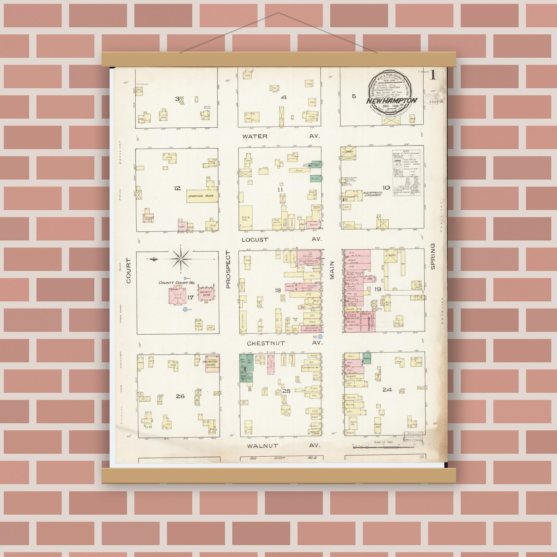 Old map wall art mockup — magnetic wood frame on brick wall — Sanborn Fire Insurance Map from New Hampton, Chickasaw County, Iowa (1885) â€” Complete Set