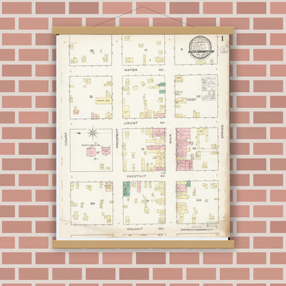 Old map wall art mockup — magnetic wood frame on brick wall — Sanborn Fire Insurance Map from New Hampton, Chickasaw County, Iowa (1885) â€” Complete Set