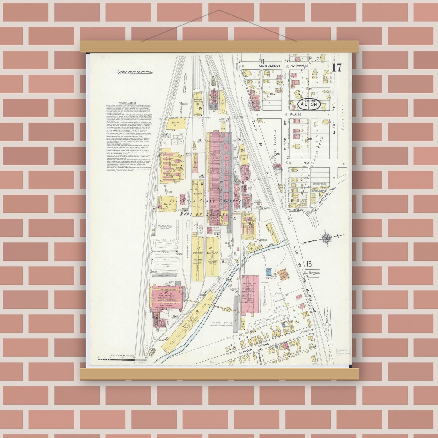 Old map wall art mockup — magnetic wood frame on brick wall — Sanborn Fire Insurance Map from Alton, Madison County, Illinois (1915), Sheet #0017